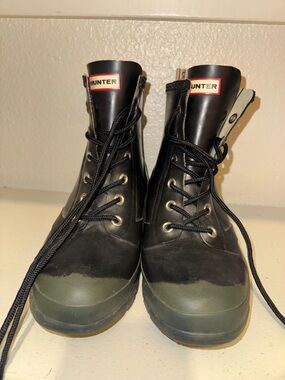 Hunter Black Rain Boots with Olive Green Toe